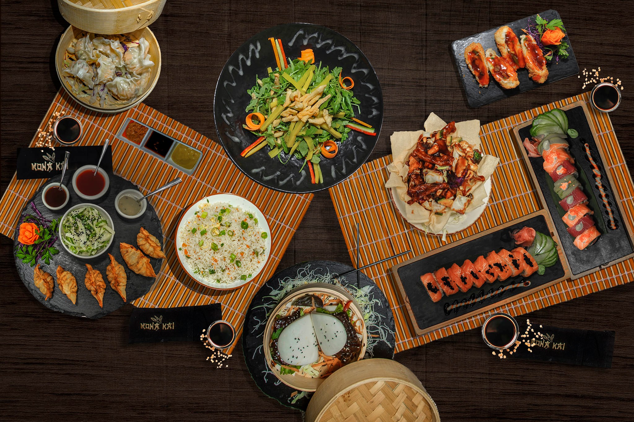 A spread of Pan Asian dishes at KONA KAI